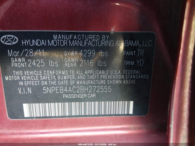 Aukcja sprzedaży 2011 Hyundai Sonata Gls, vin: 5NPEB4AC2BH272555, numer aukcji: 44572252