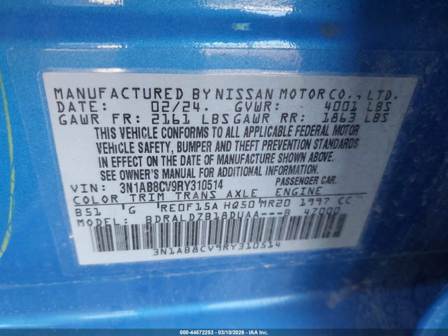 Aukcja sprzedaży 2024 Nissan Sentra Sv Xtronic Cvt, vin: 3N1AB8CV9RY310514, numer aukcji: 44572253