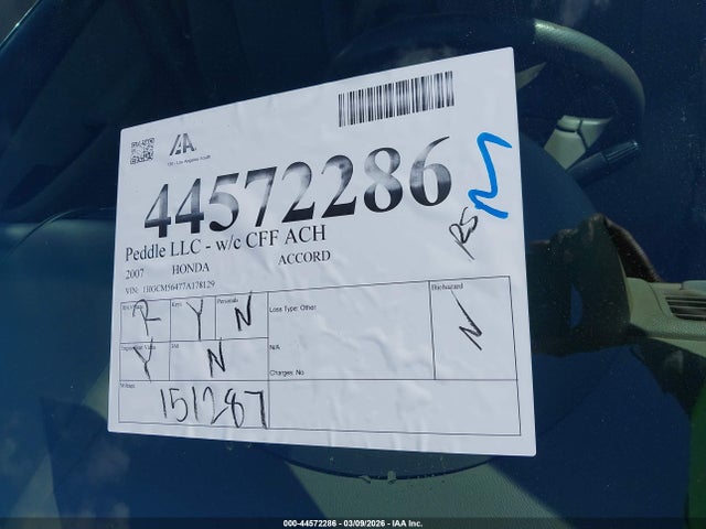44572286 :رقم المزاد ، 1HGCM56477A178129 vin ، 2007 Honda Accord 2.4 Lx مزاد بيع