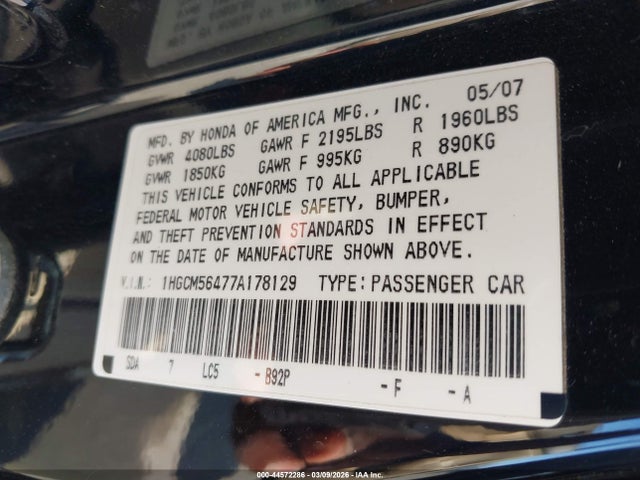 44572286 :رقم المزاد ، 1HGCM56477A178129 vin ، 2007 Honda Accord 2.4 Lx مزاد بيع