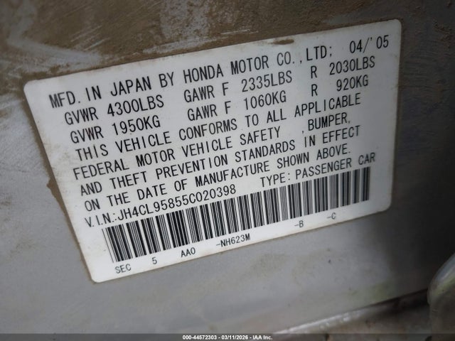 44572303 :رقم المزاد ، JH4CL95855C020398 vin ، 2005 Acura Tsx مزاد بيع