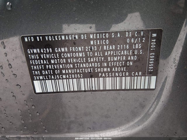 44572330 :رقم المزاد ، 3VWLL7AJ5CM428052 vin ، 2012 Volkswagen Jetta 2.0l Tdi مزاد بيع
