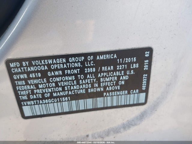44572344 :رقم المزاد ، 1VWBT7A36GC011561 vin ، 2016 Volkswagen Passat 1.8t Se مزاد بيع