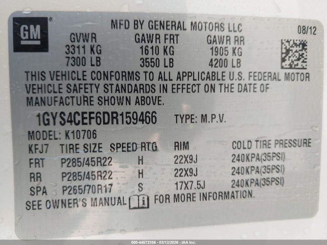 44572356 :رقم المزاد ، 1GYS4CEF6DR159466 vin ، 2013 Cadillac Escalade Premium مزاد بيع