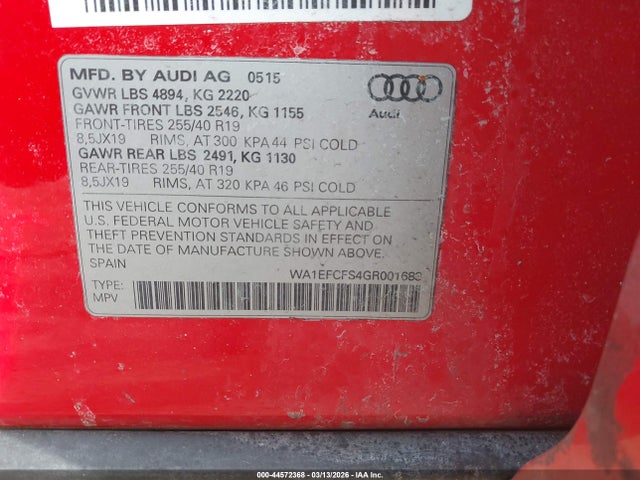 Продаж на аукціоні авто 2016 Audi Q3 2.0t Premium Plus, vin: WA1EFCFS4GR001683, номер лоту: 44572368
