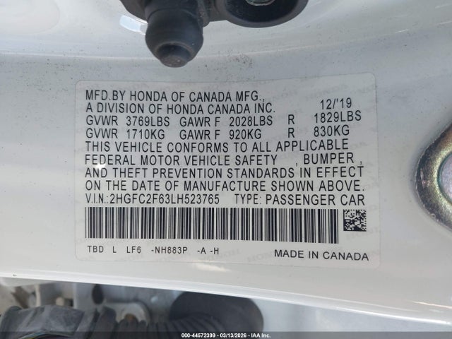 Honda Civic Lx 2020 2HGFC2F63LH523765 Image 9
