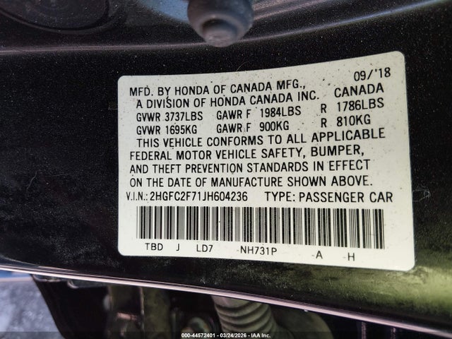 Honda CIVIC EX 2018 2HGFC2F71JH604236 Image 9