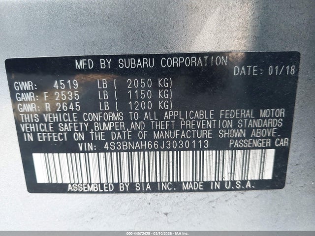 Aukcja sprzedaży 2018 Subaru Legacy 2.5i Premium, vin: 4S3BNAH66J3030113, numer aukcji: 44572428