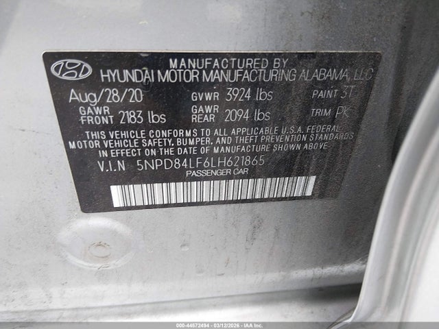 Aukcja sprzedaży 2020 Hyundai Elantra Sel, vin: 5NPD84LF6LH621865, numer aukcji: 44572494