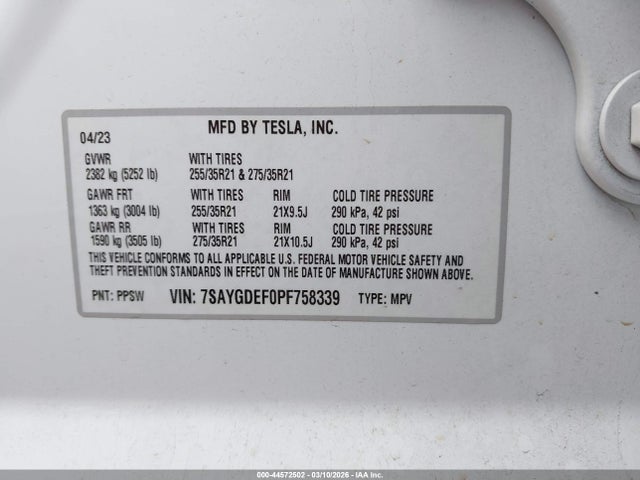 44572502 :رقم المزاد ، 7SAYGDEF0PF758339 vin ، 2023 Tesla Model Y Performance Dual Motor All-wheel Drive مزاد بيع