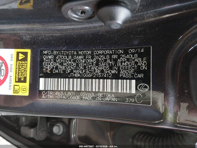 44572507 :رقم المزاد ، JTHBK1GG6F2157412 vin ، 2015 Lexus Es 350 مزاد بيع