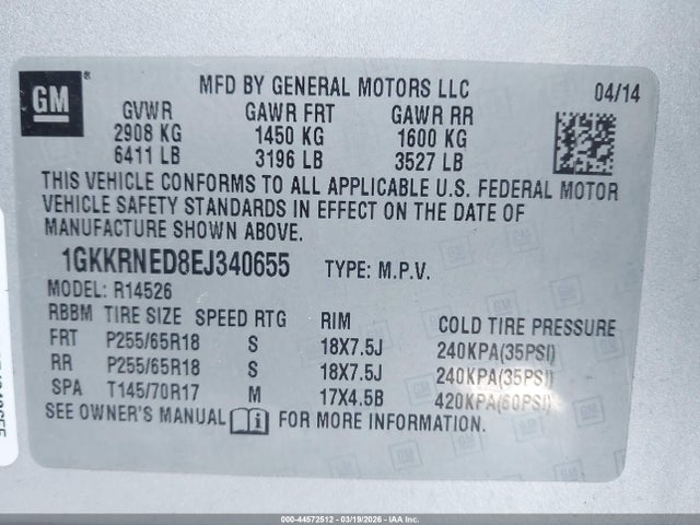 44572512 :رقم المزاد ، 1GKKRNED8EJ340655 vin ، 2014 Gmc Acadia Sle-1 مزاد بيع