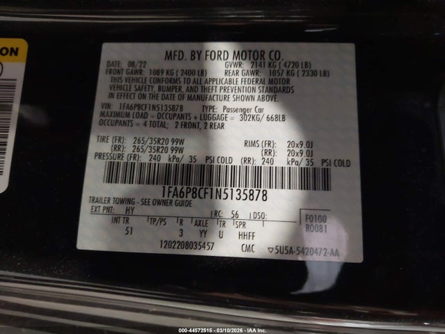 1FA6P8CF1N5135878 Ford Mustang Gt Premium Fastback
