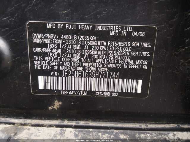 2009 Subaru Forester 2.5x მანქანა იყიდება აუქციონზე, vin: JF2SH61639H721744, აუქციონის ნომერი: 44572523