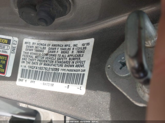 Продажа на аукционе авто 2006 Honda Civic Lx, vin: 1HGFA16576L016589, номер лота: 44572535