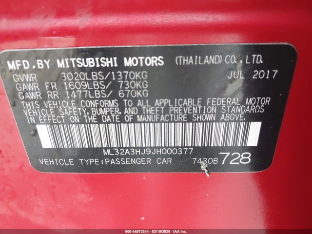 Aukcja sprzedaży 2018 Mitsubishi Mirage Es, vin: ML32A3HJ9JH000377, numer aukcji: 44572544