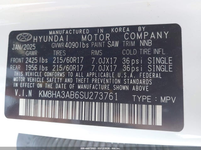 44572553 :رقم المزاد ، KM8HA3AB6SU273761 vin ، 2025 Hyundai Kona Se مزاد بيع