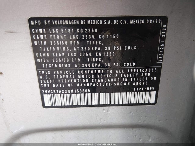 Aukcja sprzedaży 2022 Volkswagen Tiguan 2.0t Se R-line Black, vin: 3VVCB7AX3NM159869, numer aukcji: 44572580