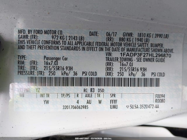 Продажа на аукционе авто 2017 Ford Focus Se, vin: 1FADP3F27HL296870, номер лота: 44572587