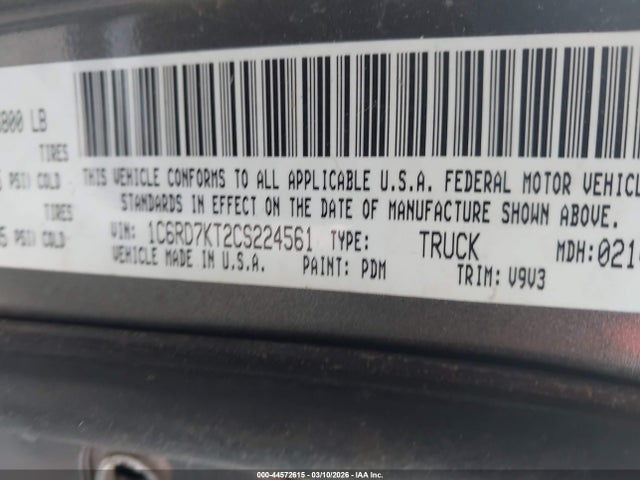 44572615 :رقم المزاد ، 1C6RD7KT2CS224561 vin ، 2012 Ram 1500 St مزاد بيع
