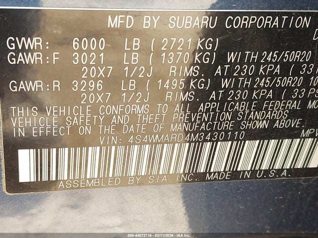 44572716 :رقم المزاد ، 4S4WMARD4M3430110 vin ، 2021 Subaru Ascent Touring مزاد بيع