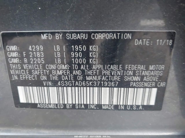 Продаж на аукціоні авто 2019 Subaru Impreza 2.0i Premium, vin: 4S3GTAD65K3719367, номер лоту: 44572727