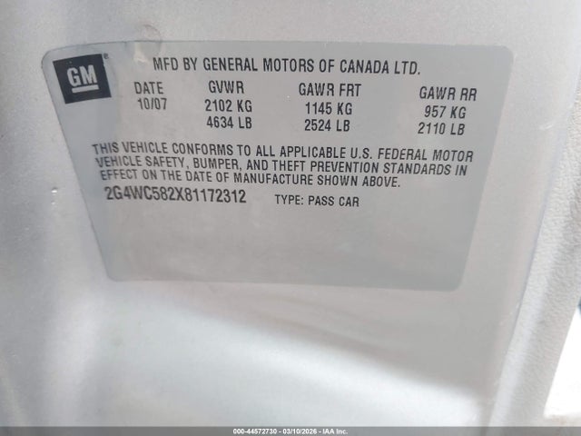 44572730 :رقم المزاد ، 2G4WC582X81172312 vin ، 2008 Buick Lacrosse Cx مزاد بيع
