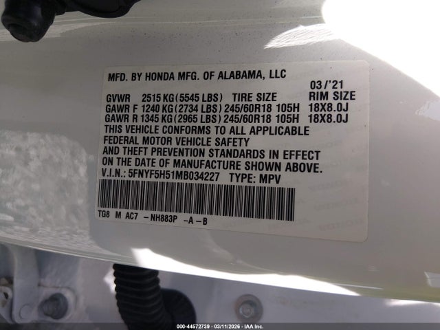 Honda Pilot 2wd Ex-l 2021 5FNYF5H51MB034227 Image 9