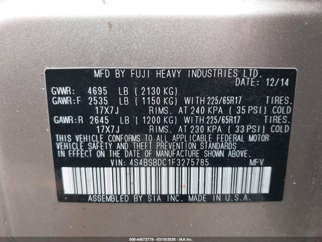 2015 Subaru Outback 2.5i Premium მანქანა იყიდება აუქციონზე, vin: 4S4BSBDC1F3275785, აუქციონის ნომერი: 44572779