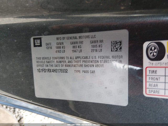 2017 Chevrolet Camaro 2lt მანქანა იყიდება აუქციონზე, vin: 1G1FD1RX4H0176932, აუქციონის ნომერი: 44572805