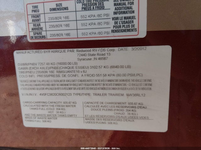 Продаж на аукціоні авто 2012 Redwood Other, vin: 4V0FC3620CR002123, номер лоту: 44572840