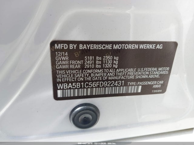 2015 Bmw 535i მანქანა იყიდება აუქციონზე, vin: WBA5B1C56FD922431, აუქციონის ნომერი: 44572878