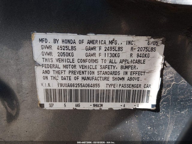 Aukcja sprzedaży 2005 Acura Tl, vin: 19UUA66255A064855, numer aukcji: 44572896