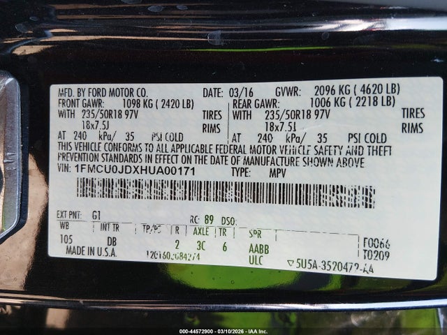 2017 Ford Escape Titanium მანქანა იყიდება აუქციონზე, vin: 1FMCU0JDXHUA00171, აუქციონის ნომერი: 44572900