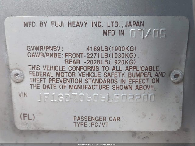Продажа на аукционе авто 2006 Subaru Impreza Wrx Sti, vin: JF1GD70606L502200, номер лота: 44572926