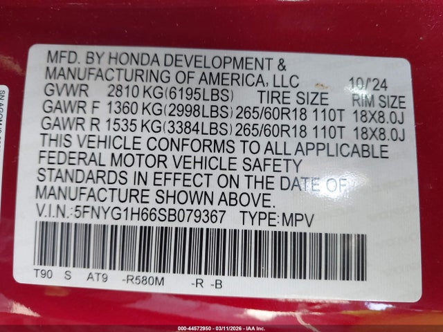 Aukcja sprzedaży 2025 Honda Pilot Trailsport, vin: 5FNYG1H66SB079367, numer aukcji: 44572950