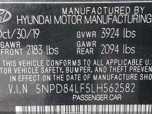 2020 Hyundai Elantra Sel მანქანა იყიდება აუქციონზე, vin: 5NPD84LF5LH562582, აუქციონის ნომერი: 44572959