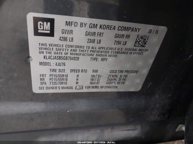 2016 Buick Encore მანქანა იყიდება აუქციონზე, vin: KL4CJASB5GB704928, აუქციონის ნომერი: 44572980