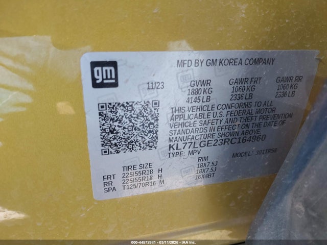 Aukcja sprzedaży 2024 Chevrolet Trax Fwd 1rs, vin: KL77LGE23RC164960, numer aukcji: 44572981