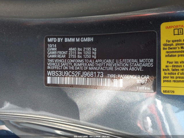 Продаж на аукціоні авто 2015 Bmw M4, vin: WBS3U9C52FJ968173, номер лоту: 44572996