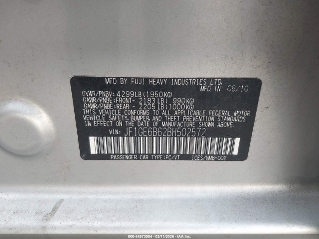 Продаж на аукціоні авто 2011 Subaru Impreza 2.5i Premium, vin: JF1GE6B62BH502572, номер лоту: 44573004