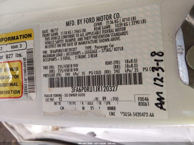3FA6P0RU1JR120327 Ford Fusion Hybrid Titanium