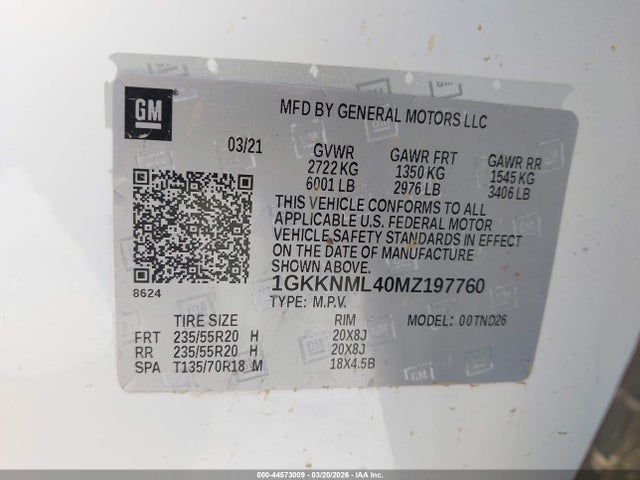Продаж на аукціоні авто 2021 Gmc Acadia Fwd Slt, vin: 1GKKNML40MZ197760, номер лоту: 44573009