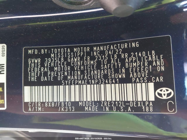 44573028 :رقم المزاد ، 5YFEPMAE1NP324641 vin ، 2022 Toyota Corolla Le مزاد بيع