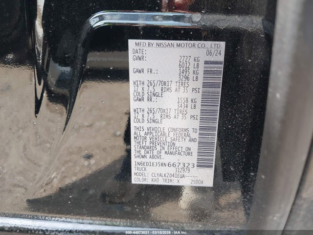 2024 Nissan Frontier Pro-x 4x2 მანქანა იყიდება აუქციონზე, vin: 1N6ED1EJ5RN667323, აუქციონის ნომერი: 44573031