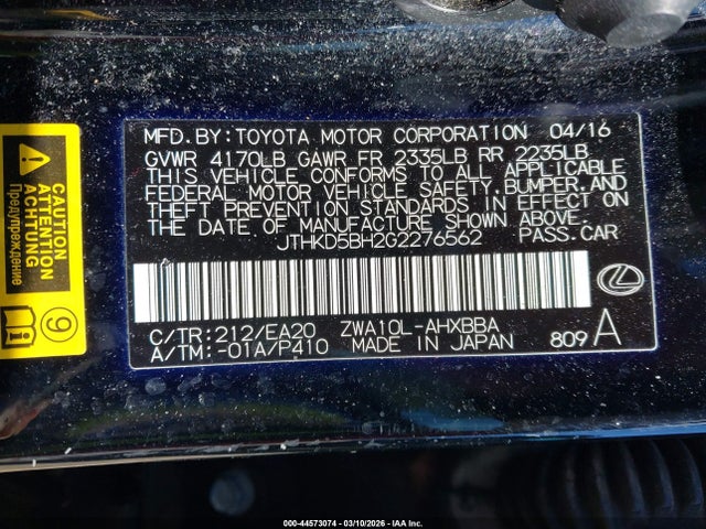 44573074 :رقم المزاد ، JTHKD5BH2G2276562 vin ، 2016 Lexus Ct 200h مزاد بيع