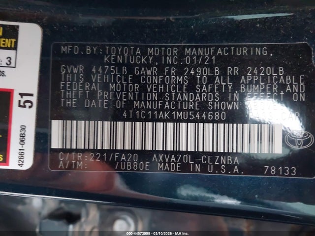 4T1C11AK1MU544680 Toyota CAMRY LE