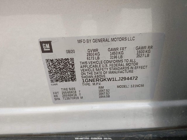 1GNERGKW1LJ294472 Chevrolet Traverse Fwd Lt Cloth