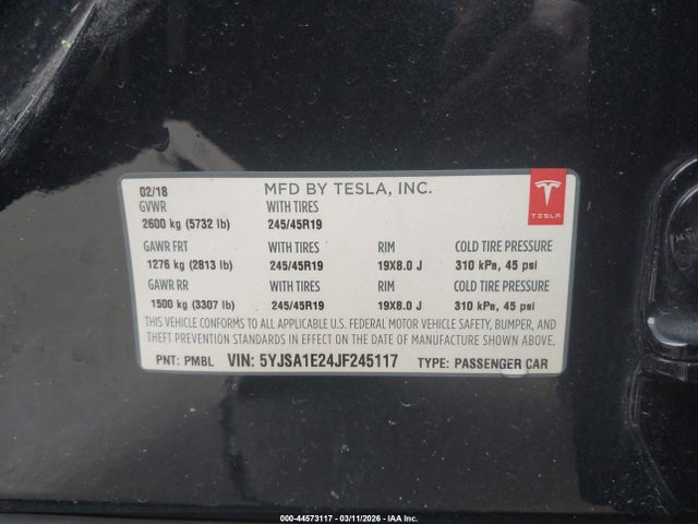 44573117 :رقم المزاد ، 5YJSA1E24JF245117 vin ، 2018 Tesla Model S 100d/75d/p100d مزاد بيع