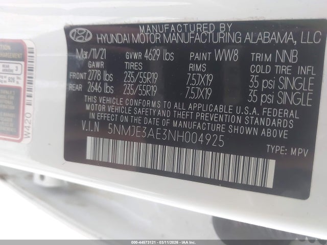 2022 Hyundai Tucson Limited მანქანა იყიდება აუქციონზე, vin: 5NMJE3AE3NH004925, აუქციონის ნომერი: 44573121